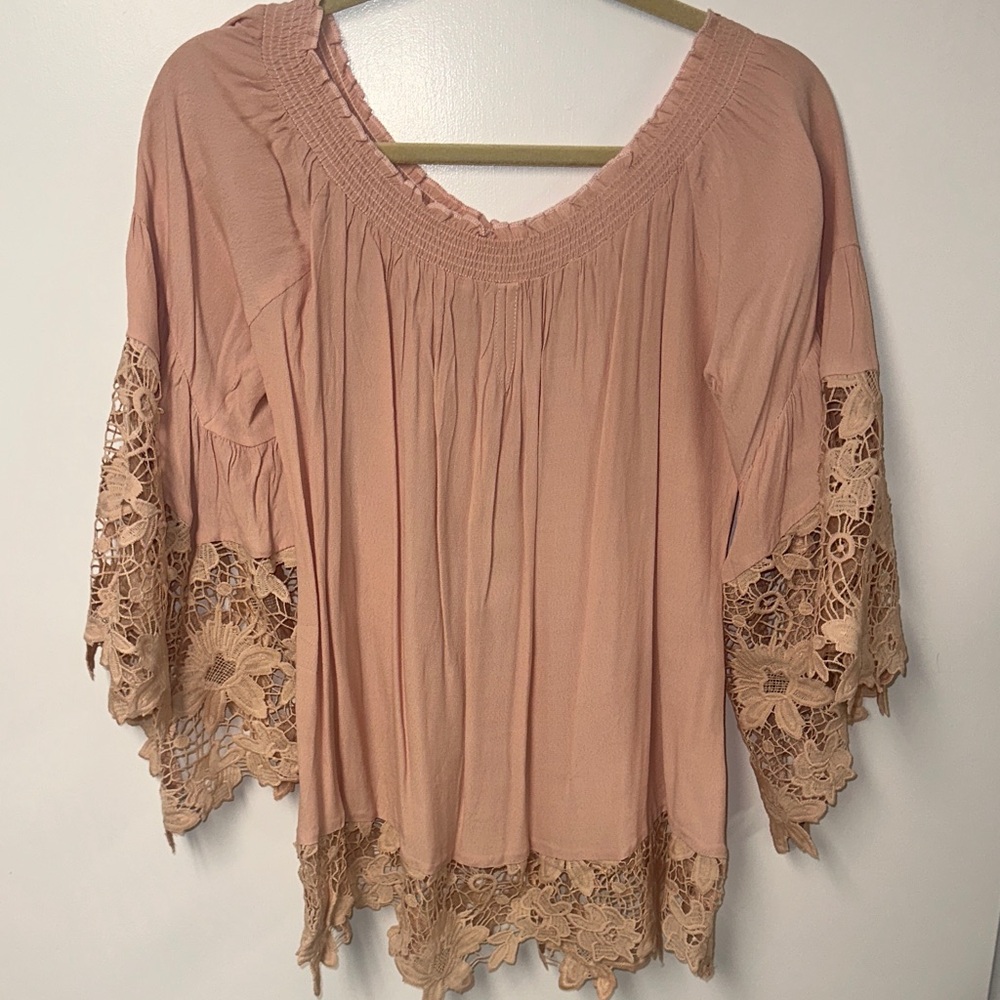 Smocked Neck Crochet-Hem Tunic Top - Dusty Blush